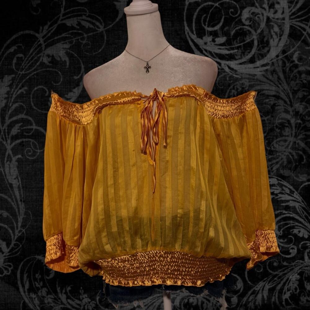golden yellow sheer vertically striped crinkle chiffon off shoulders top